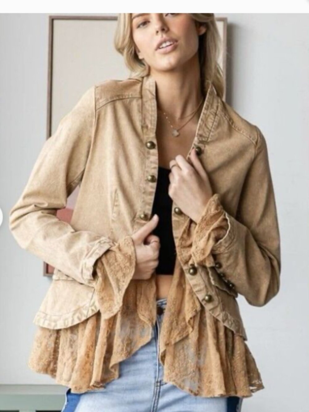 Oli & Hali Curved Hem Ruffle Jacket Womens Size M Washed Light Brown Cotton